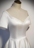 White Simple Beaded Short Sleeves High Low Wedding Party Dress, White Party Dress HZ1023