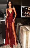 Red Sequins V-Neck Prom Dress With Slit HZ1023