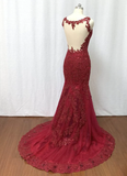 Elegant Burgundy Tulle Lace Long Mermaid Evening Dress, Beautiful Prom Dress HZ1023