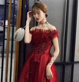 Wine Red Tulle With Beadings And Lace Off Shoulder Evening Gown, Wine Red Prom Dress HZ1023