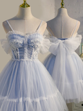 Adorable Light Blue Tulle Sweetheart Straps Party Dress With Lace, Short Tulle Prom Dresses HZ1023
