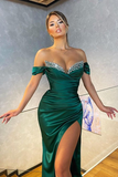 Dark Green Off-the-Shoulder Mermaid Prom Dress Split HZ1023