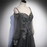 Dark Grey Long Sleeves Lace Applique A-Line Prom Dress, Grey Long Formal Dresses HZ1023
