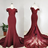 Burgundy Off Shoulder Handmade Mermaid Bridesmaid Dress, Long Prom Dress Evening Dress HZ1023