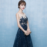 Beautiful Blue Tulle With Lace Round Neckline Prom Dress, Blue Prom Dress HZ1023