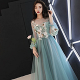 Light Green Tulle Long Party Dress With Flowers, Long Formal Dresses HZ1023