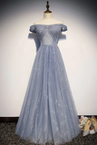 Beautiful Long Strapless Blue Tulle Beaded Long, A Line Off Shoulder Prom Dress HZ1023