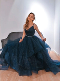 Blue v neck tulle sequin long prom dress blue formal dress HZ1023