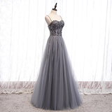 Grey Beaded Straps Sweetheart Shiny Tulle Long Party Dresses, Grey Long Prom Dresses HZ1023