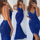 Royal Blue Spaghetti-Straps Blue V-neck Mermaid Prom Dress Split With Sequins HZ1023