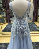 Light Blue V-Neckline Long Prom Dress, Blue Junior Prom Dress HZ1023