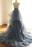Blue v neck lace tulle long prom dress, evening dress HZ1023