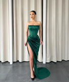 Dark Green Strapless Sleeveless Long Slit Mermaid Prom Dress HZ1023