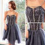 Chic Tulle Beaded Straps Knee Length Homecoming Dress Prom Dress, Short Formal Dress HZ1023