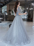Lovely Grey Shiny Tulle V-Neckline Puffy Sleeves Long Prom Dresses, Grey Evening Dresses HZ1023