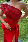 Red One Shoulder Sequins Strapless Split Mermaid Prom Dress With Lace Appliques HZ1023