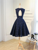 Navy Blue Lace Vintage Knee Length Bridesmaid Dress, Charming Lace Party Dress HZ1023