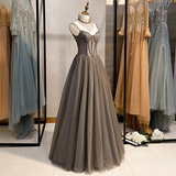 Glam Grey Beaded Tulle Long Evening Dress Party Dress, A-Line Straps Evening Formal Dresses Prom dress HZ1023