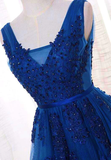 Elegant Blue Lace Applique Long Party Dress, Blue Prom Dress HZ1023