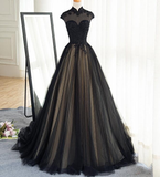 Beautiful Black Prom Dresses High Neck Sweep Train Prom Dress, Black Party Dress HZ1023