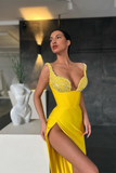 Yellow Sequins Straps Mermaid Prom Dress With Slit HZ1023
