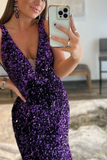 Purple V-Neck Long Mermaid Prom Dress With Sequins HZ1023