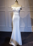 Elegant White Off Shoulder Slit Mermaid Party Dress, White Party Gown HZ1023