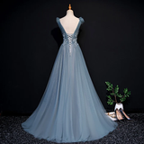 Beautiful Blue Tulle Long Party Dress, A-Line Prom Dress With Lace Applique HZ1023