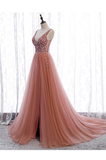 Pink Long Sparkle Beaded Tulle Slit Prom Dress,Pink V-Neckline Evening Gown HZ1023