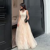 Champagne Lace V-Neckline Tulle Long Evening Dress Prom Dress, A-Line Lace Formal Dresses HZ1023