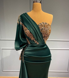 Dark Green One-Shoulder Mermaid Beads Prom Dress With Appliques HZ1023
