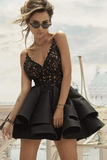A Line V Neck Lace Layered Black Top Lace Short Homecoming Dresses with Spaghetti Straps HZ1023