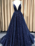 A Line V Neck Navy Blue Shiny Long Prom Dresses, Charming Blue Tulle Party Dress Evening Dress HZ1023