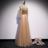 Champagne Tulle Long Puffy Sleeves Party Dresses, Beautiful Floor Length Prom Dresses HZ1023