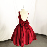 Dark Red Satin Backless Vintage Style Party Dress With Bow, High Quality Handmade Dress HZ1023