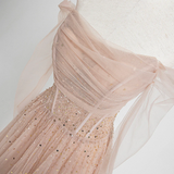 Pearl Pink Off Shoulder Long Sleeves Sequins Prom Dress, A-Line Party Dress Formal Dress HZ1023