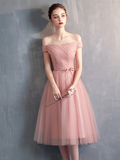 Simple Sweetheart Pink Tulle Off Shoulder Short Homecoming Dress, Pink Prom Dresses HZ1023