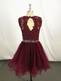 New Handmade Wine Red Knee Length Homecoming Dress, Short Party Dress HZ1023