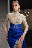Royal Blue Long Sleeves Beadings Mermaid Prom Dress Split With Ruffles HZ1023