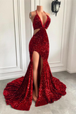 Burgundy backless sequined slit mermaid ball gown evening dress party dress HZ1023