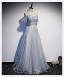 Light Grey Sweetheart Off Shoulder Long Party Dress, A-Line Tulle Prom Dress Evening Dress HZ1023