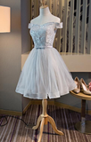 Cute Off The Shoulder Lace And Tulle Knee Length Party Dress, Homecoming Dress HZ1023