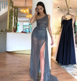 Sparkly Sequin Tulle One Shoulder Sexy High Slit Prom Dresses , Prom outfits HZ1023
