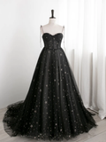 Black Sweetheart Tulle Straps Long Evening Dress, Black Formal Dress Party Dresses Prom dress HZ1023