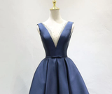 Elegant Beaded V-Neckline Satin Navy Blue Dress, Short Bridesmaid Dress HZ1023