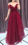 Wine Red Straps Off Shoulder A-Line Tulle Evening Dress Party Dress, Dark Red Prom Dress Formal Gown HZ1023