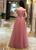 Dark Pink Tulle Off Shoulder Bridesmaid Dress, Long Party Gown HZ1023