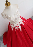 Beautiful Red Stain Off Shoulder Floor Length Party Dress With Applique, Party Dress HZ1023