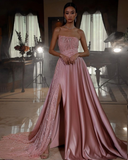 Pink Strapless Sleeveless Sequins A-Line Prom Dress With Split HZ1023