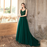 Green Beaded V-Neckline Straps Tulle Long Formal Dress, Dark Green A-Line Prom Dress HZ1023